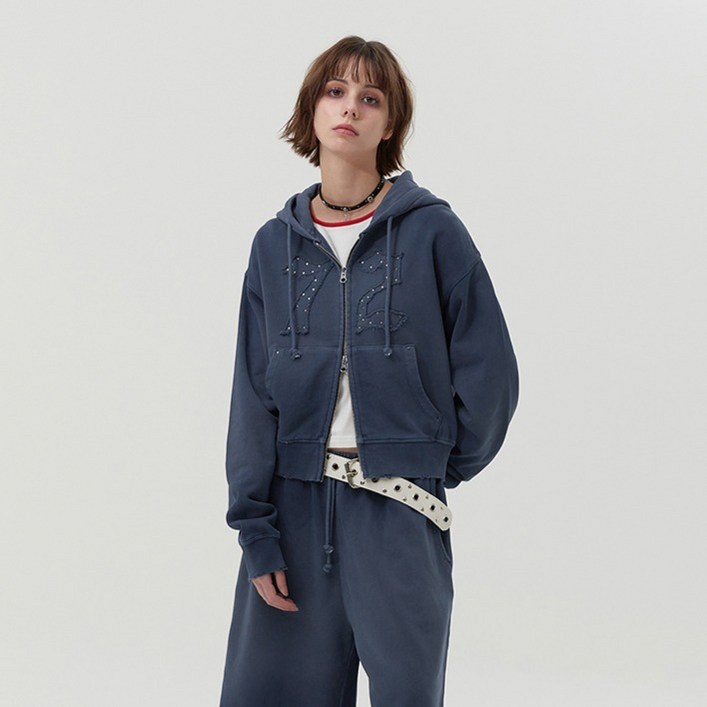 키르시 빈티지 워싱 스터드 포인트 크롭 후드 집업