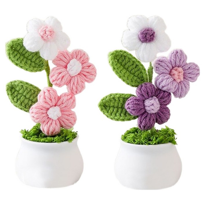 수제 크로셰 화분 인테리어 장식 2종 세트, 핑크, 퍼플