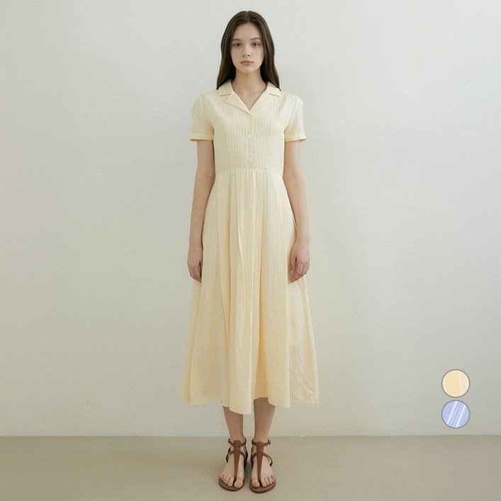 리올그 여성용 오픈 카라 플리츠 원피스