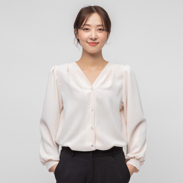 캐럿 여성용 브이넥 셔링 퍼프 소매 블라우스 캐럿 여성용 브이넥 셔링 퍼프 소매 블라우스