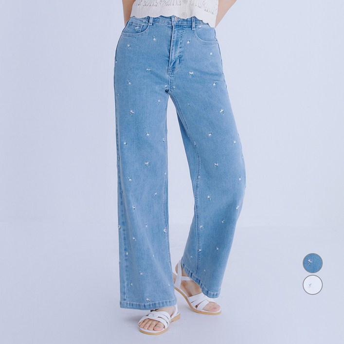 로엠 여성용 플라워 자수 데님 바지