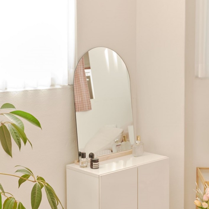 라망 커브 노프레임 화장대 거울 L 500 x 700 mm + 원목 받침대 세트, 혼합색상
