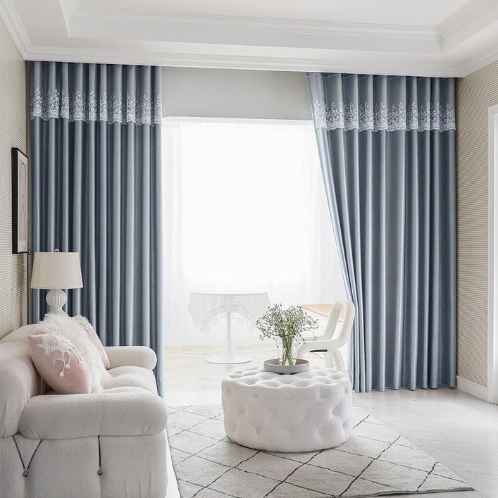 지나송 암막 커튼 2p  그레이 커튼봉 세트  진주장식 볼로프 2p  후사고리 2p