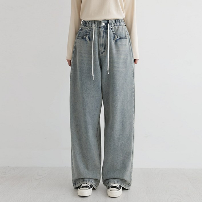 빼빼 여성용 스트링 밴딩 롱 와이드 데님 팬츠