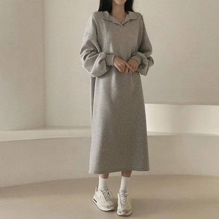 아이엠몽 여성용 샤네스 베이직 무지 카라 긴팔 맨투맨 롱 원피스