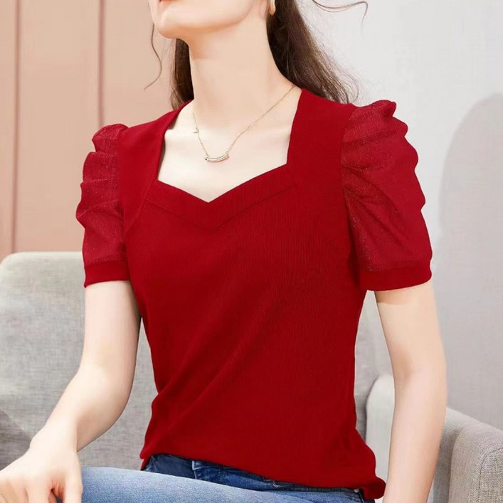 반야스토리 여성용 QQ14 브이넥 퍼프 소매 니트 반팔 티셔츠