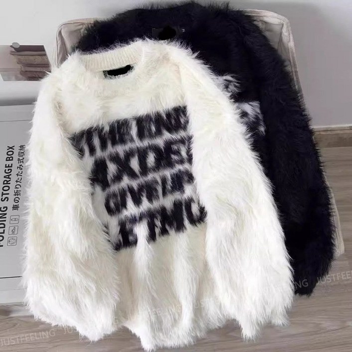 JUSTFEELING 레터링 밍크 니트티 루즈핏 간절기 커플룩 캐주얼 앙고라 스웨터 상의 남성 트렌드 부드러운 니트 티셔츠 3XL까지