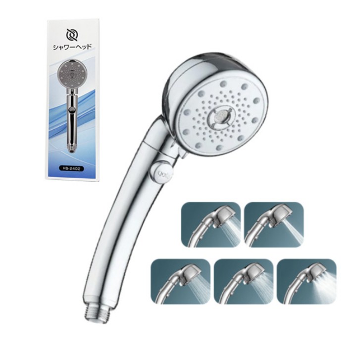 Velix 뷰티 원터치 절수 호스 샤워기 수압상승 단수 5단 다기능 버블 퓨어 온오프 샤워기헤드 조절, 실버, 1개