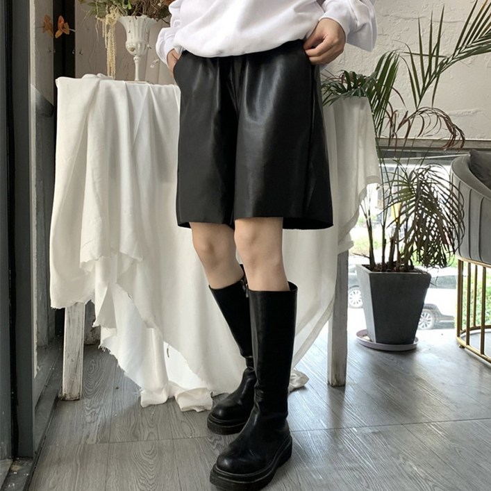 [블루레몬]   가죽반바지 5부 레자반바지 레더반바지 허리밴드 와이드핏 인조가죽 팬츠 브라운 카멜 카키 블랙 세련된 가을 겨울 기모안감