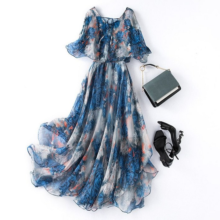 여성 플로럴 쉬폰 반팔 롱원피스 봄 여름 캐주얼 바캉스 A라인 하객룩 휴양지 빅사이즈 88