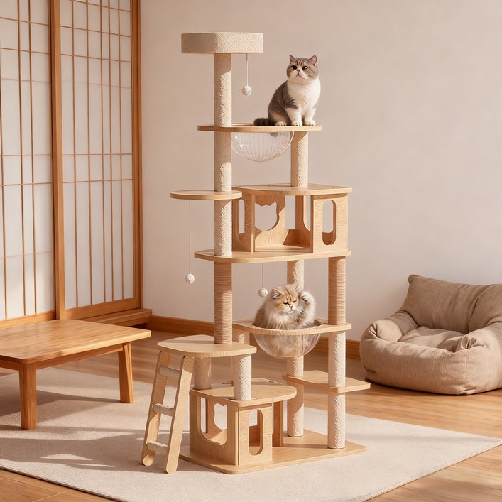 MARTEKLIFES대형 복합형 캣타워 클라이밍 스크래쳐 기둥 캣트리 고양이 집 전만대 캡슐 해먹 스프링보드, 1개, 원목색