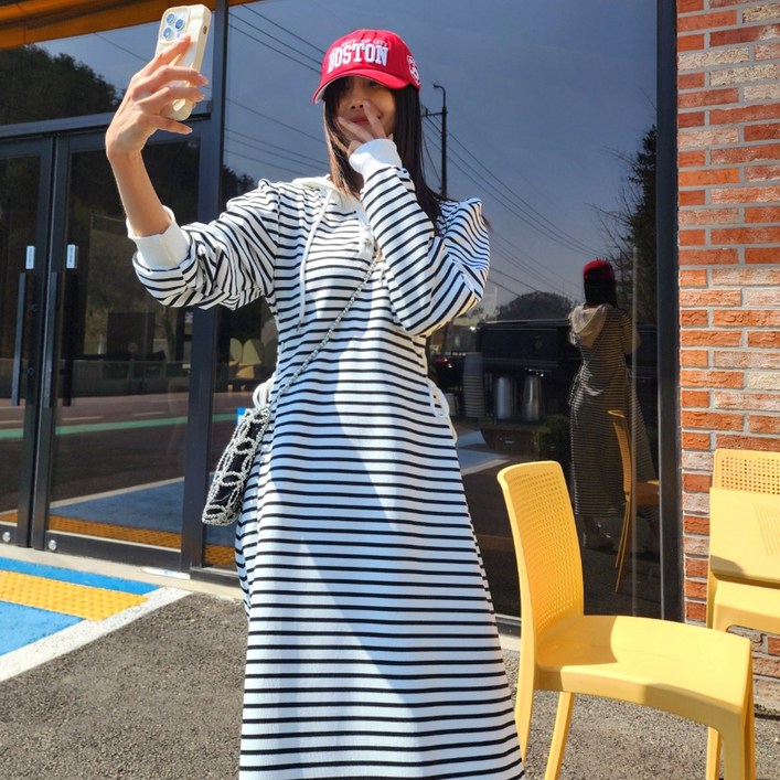 <청담코코> 스트라이프 후드 에이라인 롱원피스