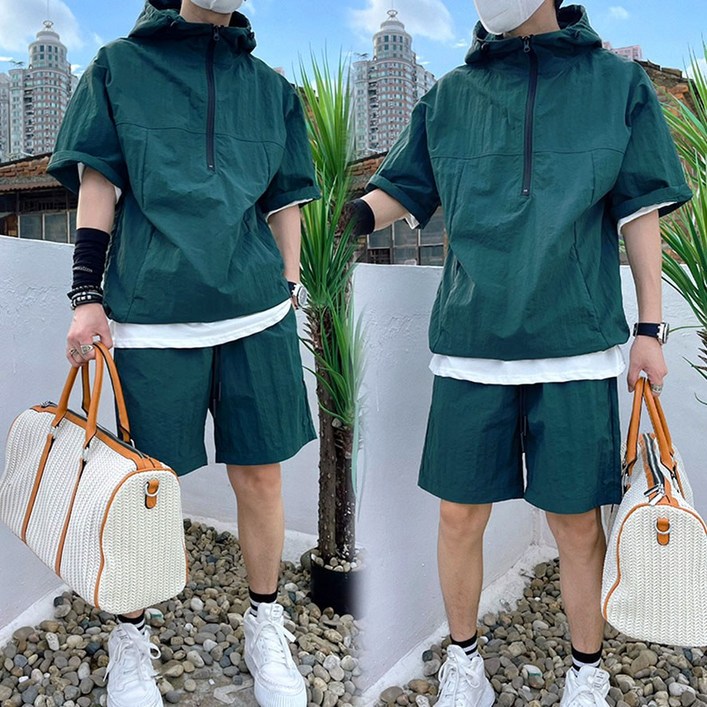 남성 아노락 반팔+밴딩 반바지 트레이닝 세트 반집업 여름 캐주얼 상하세트 스트링 얇은 바람막이 소재 운동세트 데일리룩 루즈핏 자외선 차단 투피스