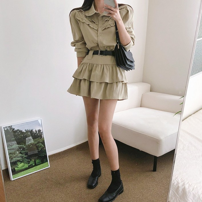 요시아나 [당일발송] 델피나 프릴장식 스트링 크롭 자켓 미니 스커트 투피스 세트(벨트포함) 2컬러