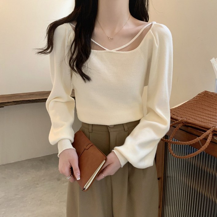 채윤맘 가을 겨울 신상 스퀘어넥 퍼프 소매 이너 니트 ML0116A