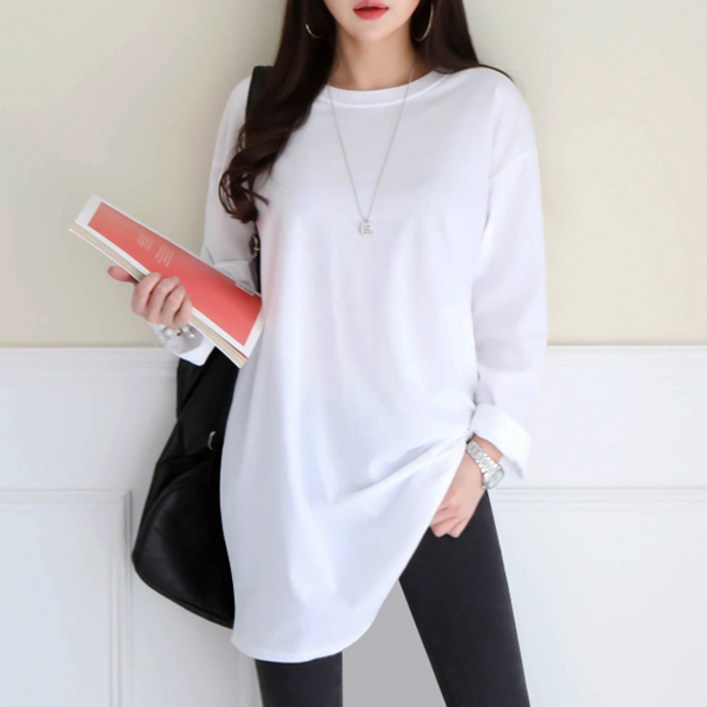 여성용 빅사이즈 오버핏 롱티 무지티 레이어드 이너 데일리룩 신상 루즈핏 라운드 베이직