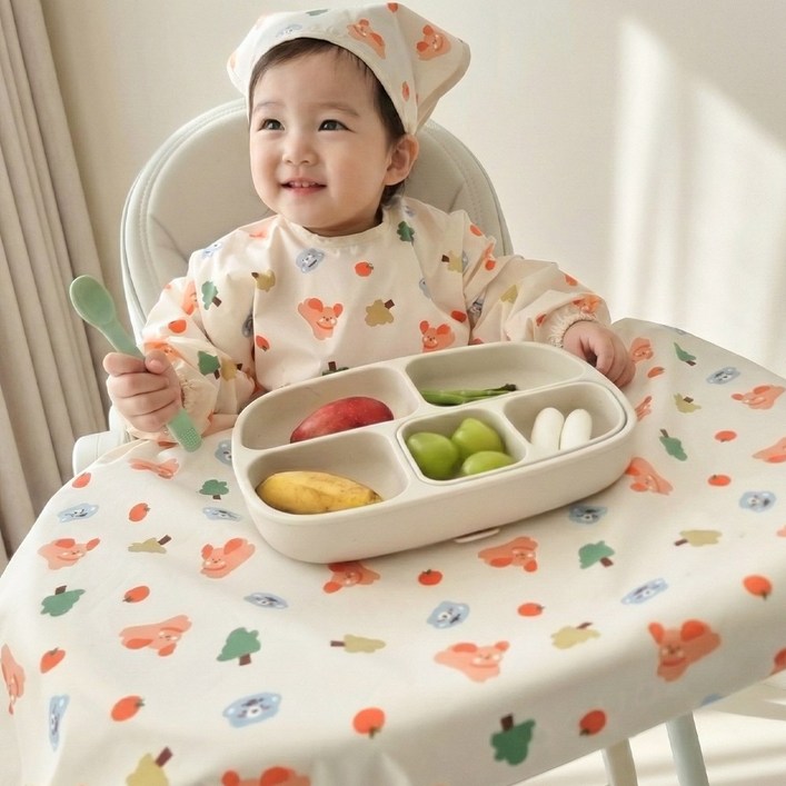 아이레빗 국내생산 유아용 아기 식탁일체형 자기주도 방수 턱받이 풀커버 긴팔