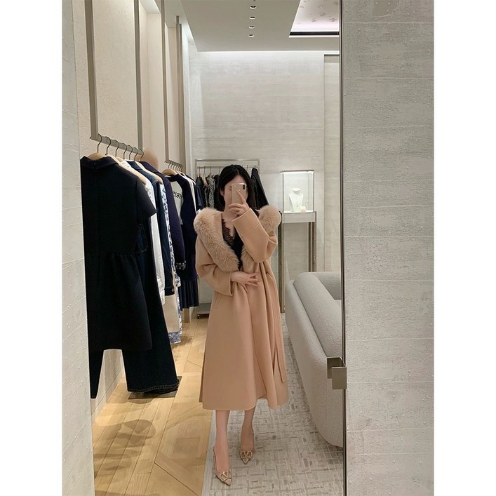 알파카 울 100% 산드로 코트 랩 후드 사가 폭스 퍼 핸드메이드 코트