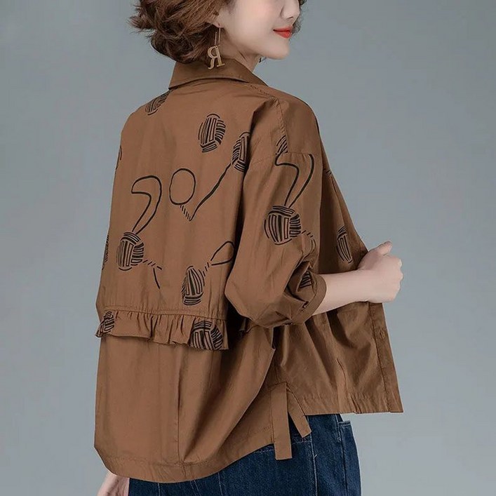 POMTOR 봄가을 상의 중년 여성 코트 블라우스 루즈핏 캐주얼 숏아우터 여성 캐주얼 재킷