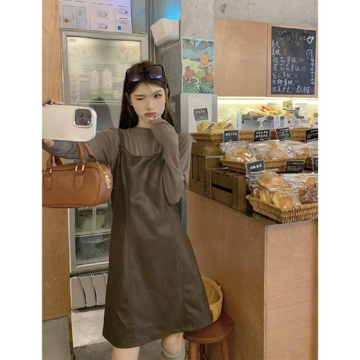 레더 가죽 뷔스티에 서스펜더 레이어드 미니 원피스