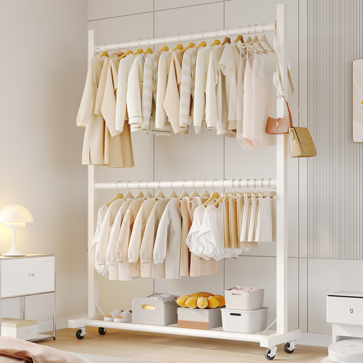 유니홈 안정감 보강형 2단 이동식 행거 튼튼한 철제 옷걸이 스탠드 행거 30mm, 화이트