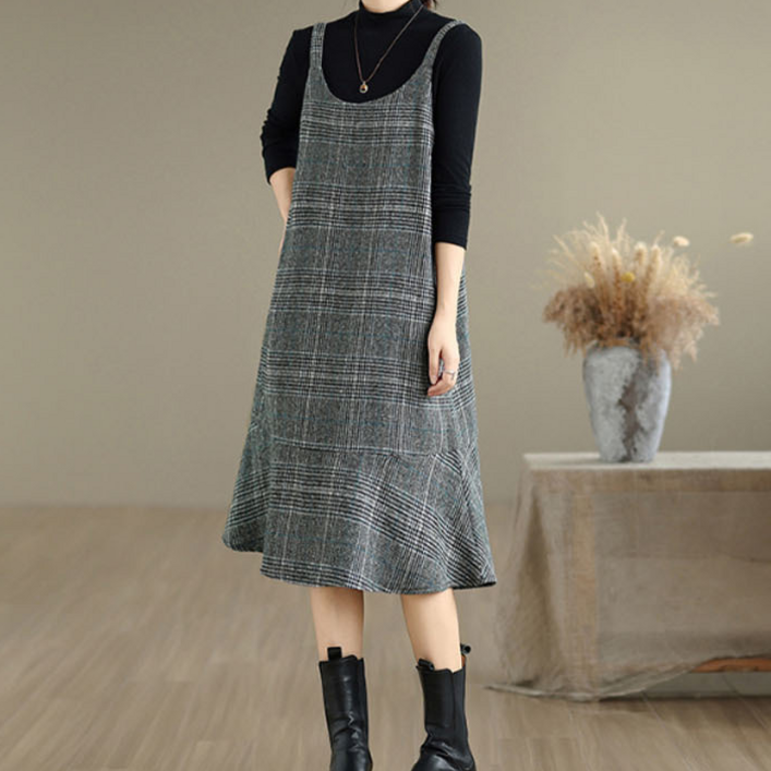 레이어드 원피스 여성 긴팔 가을 모직 뷔스티에 겨울 빈티지 롱원피스 루즈핏 데일 치마 원피스 체크