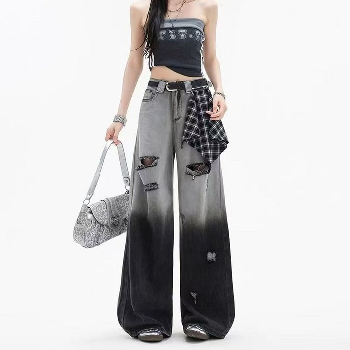 COSYEVNO  여성 봄철 와이드 데님 청바지 빈티지 빈티지 데미지 LFHpdk-1