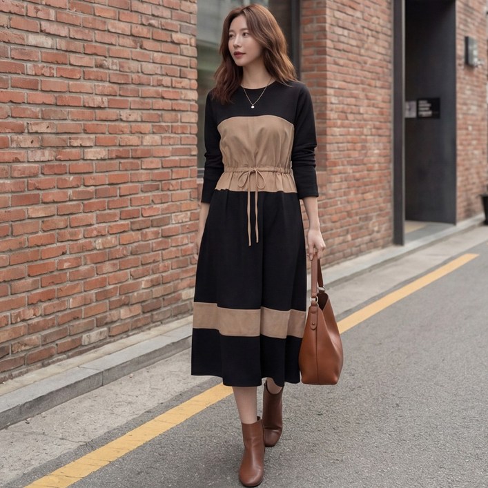 어빌브 D121-4 빅사이즈 여성 배색 플레어 롱 원피스 라운드넥 긴소매 봄가을용