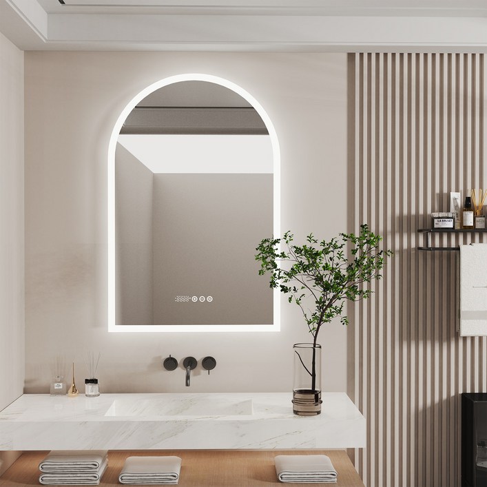 LUVODI 타원형 LED 욕실경 인테리어 은도금 거울 김서림 제거 밝기 색온도 조절 시간 온도 확인 방수 예쁜 걸이형 욕실 카폐