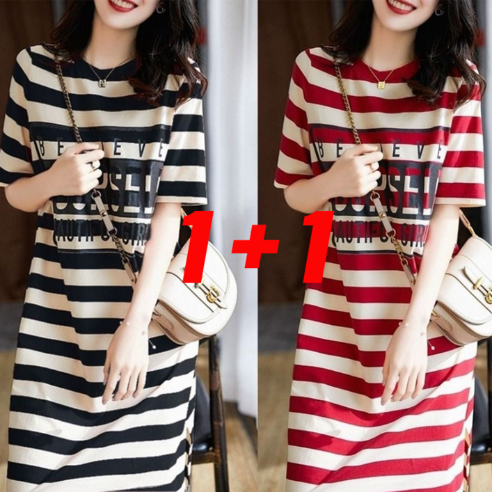 11 2P 여성 여름 루즈핏 날씬해 보이는 스트라이프 레터링 프린트 라운드넥 반팔 티셔츠 원피스 학생 미디 스커트 잠옷 실내복