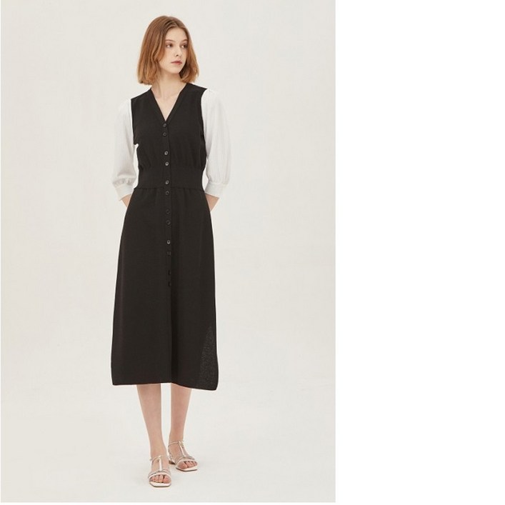시슬리 SISLEY  슬리브 배색 롱 원피스 SAKOC1331BK
