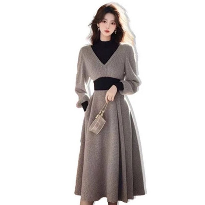 겨울 고급 롱 니트 허리 조임 여자 원피스 추동 프렌치 셔링 원피스 롱 A라인 스커트