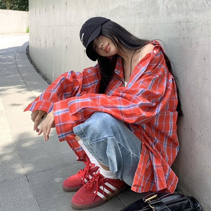 대박난박양 레드 체크 오버핏 셔츠