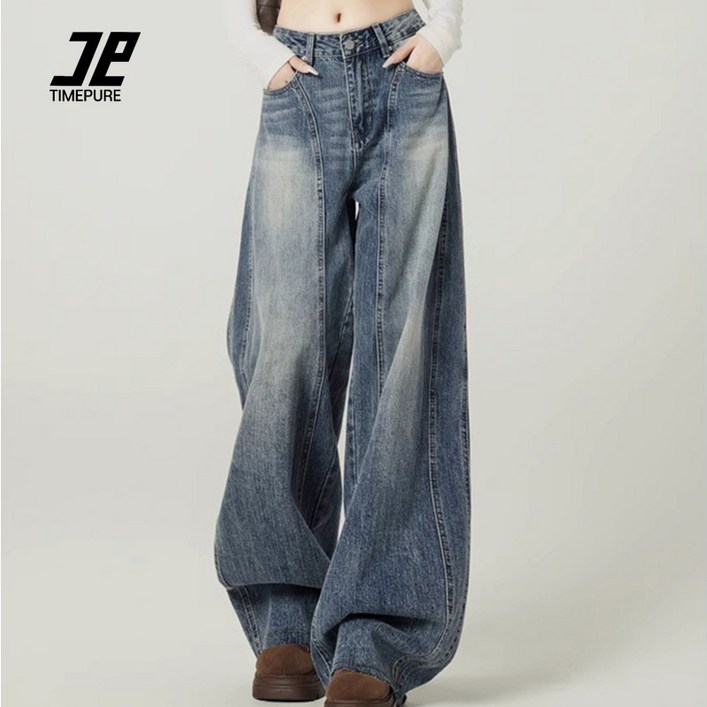 타임퓨어 여성 빈티지 와이드 데님 팬츠 하이웨이스트 커브핏