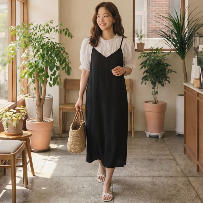 무롤브 D1221 빅사이즈 여성 브이넥 민소매 A라인 뷔스티에 롱 원피스