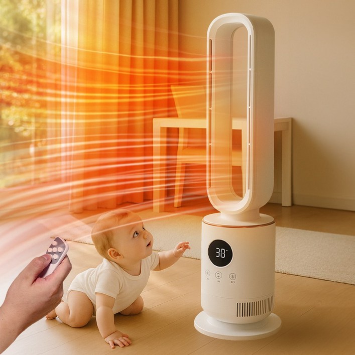 데일리공식 PTC 날개없는 온풍기 전기 히터 타워형 난방기 무드등 리모컨, 화이트
