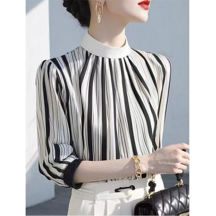 보그핏 안개블라우스  여성 하이넥 긴팔 줄무늬 블라우스
