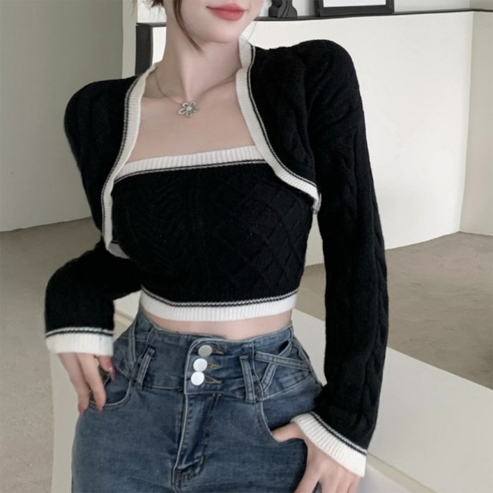 cammello 보더라인 꽈배기 니트 긴팔 볼레로  크롭 나시 세트