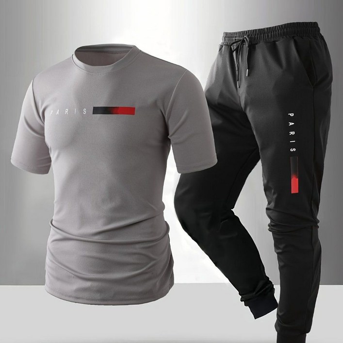 남성 파리 레터 프린트 반팔 티셔츠  드로스트링 조거 세트  캐주얼 정상 핏 스트레치 소재 야외 활동 여가 착용에 적합 티 폴리에스터