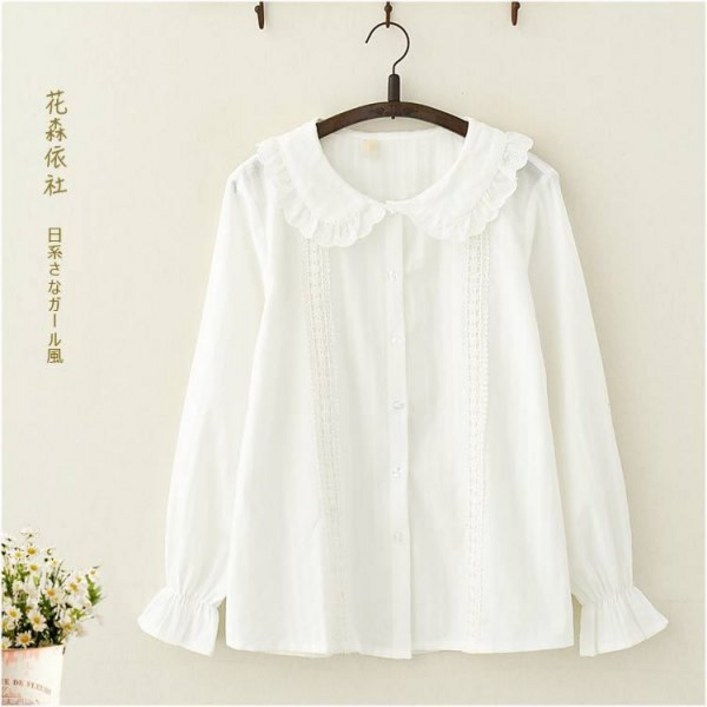 111434 화이트블라우스 일본스타일 봄패션 상큼한 레이스 긴팔 셔츠 학생 소녀 상큼 이너 흰색셔츠 상의