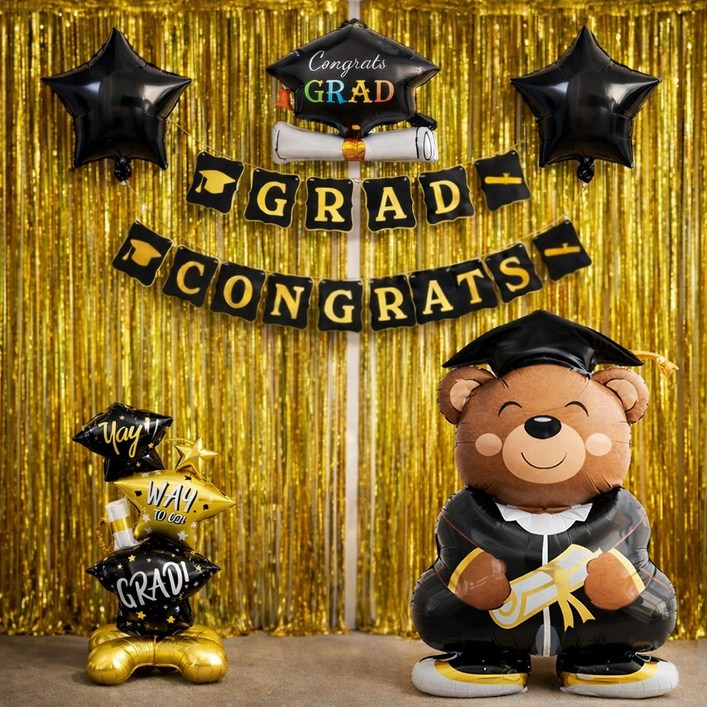 올리브파티 졸업 파티용품 학사모 스탠딩풍선 가랜드 파티풍선커튼 월데코 세트, 1세트, 풀세트