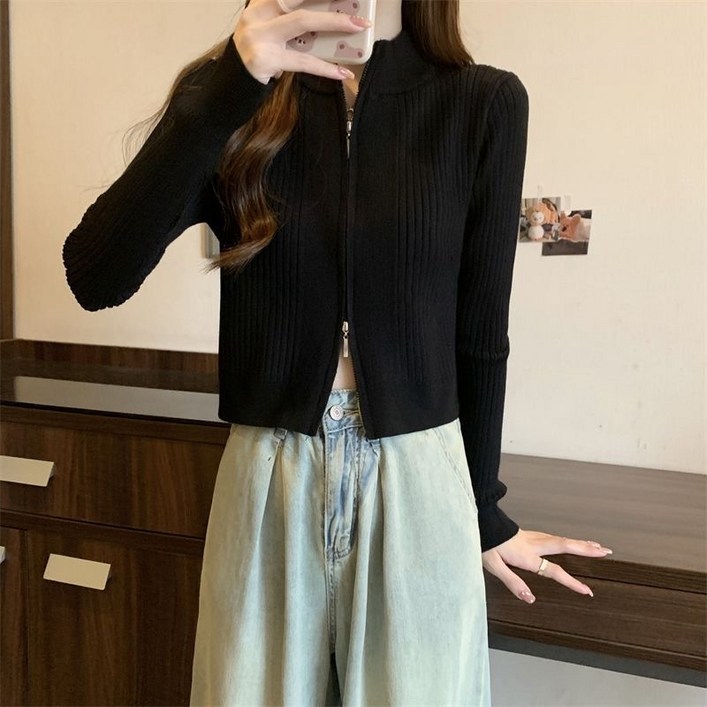 dulandQ 봄가을 여성 하이넥 투웨이지퍼 크롭 슬림핏 니트 가디건 A07