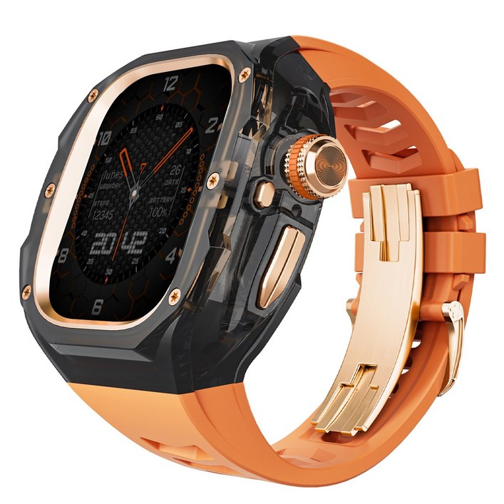 애플워치 울트라123 49mm 호환 일체형 합금 메탈 버클 실리콘 밴드 풀커버 보호 케이스 스트랩 세트, 오렌지 블랙 케이스 로즈골드 버클