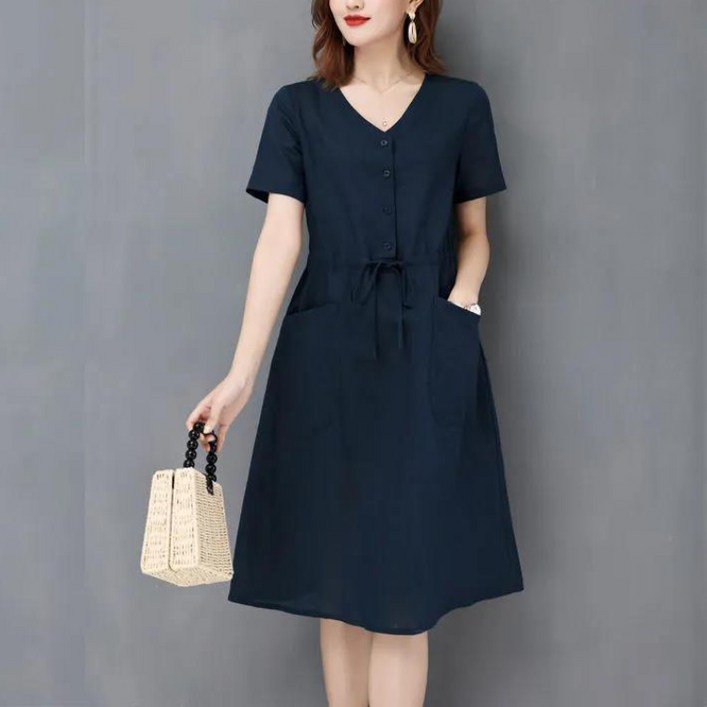 ANYOU 여성 여름원피스 반팔 하객 루즈핏 미디원피스 휴양지 브이넥 빅사이즈원피스