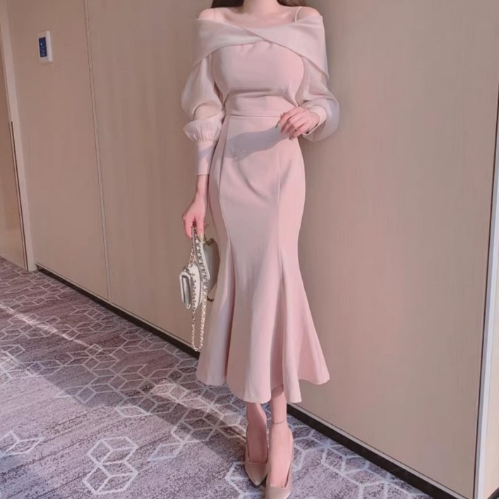 라엔 봄 우아한 일자넥 나시 오프숄더 퍼프소매 롱 머메이드 원피스