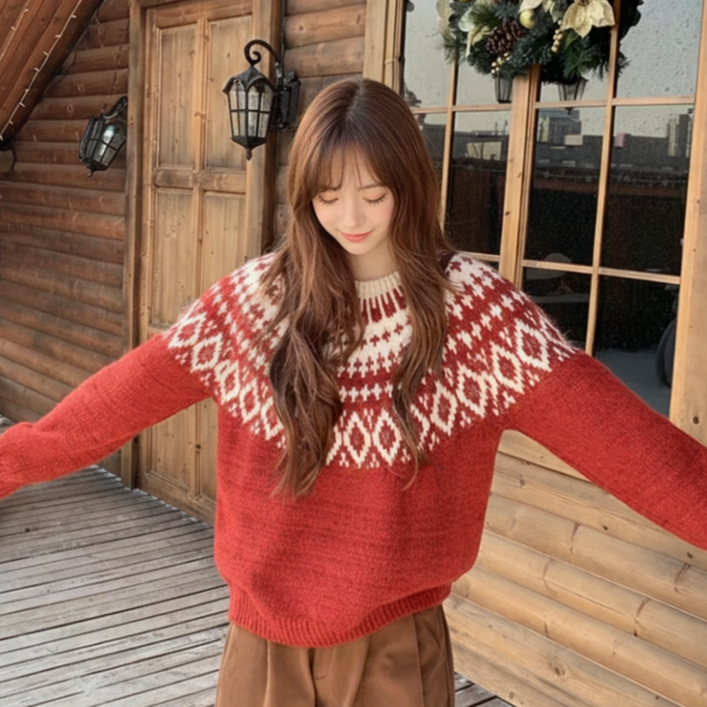 클레이스 노르딕 눈꽃 아가일 자수 스노우 울혼방 라운드넥 니트스웨터