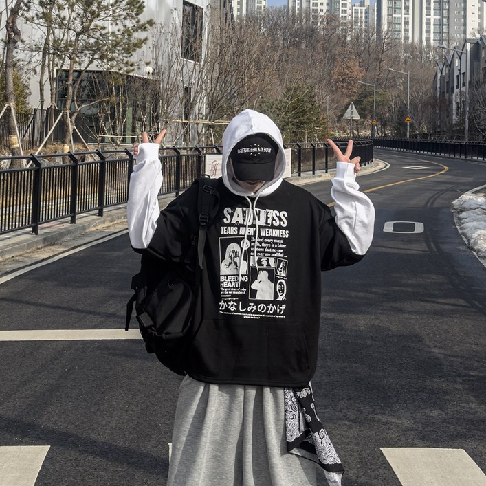 지금 JIIGEUM 새드 레이어드 오버 후드티