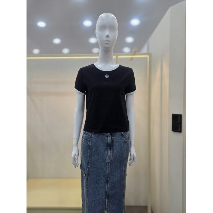 플라스틱아일랜드 여성용 라운드넥 배색 슬림 반팔 티셔츠 PR7CH305