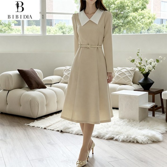 비비디아 여성 봄가을 벨트 플레어 배색 화이트 카라 하객룩 오피스룩 원피스 데일리룩벨트포함5575