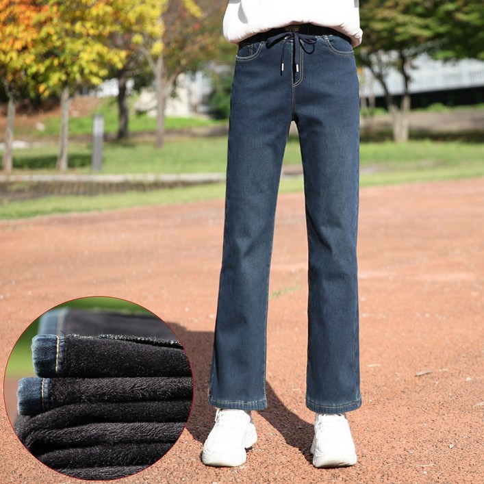 동대문스타일 여자 통일자 기모청바지 밴딩 스판 융본딩 여성 겨울 보온 데님 팬츠 노멀 기장의 기본 일자라인
